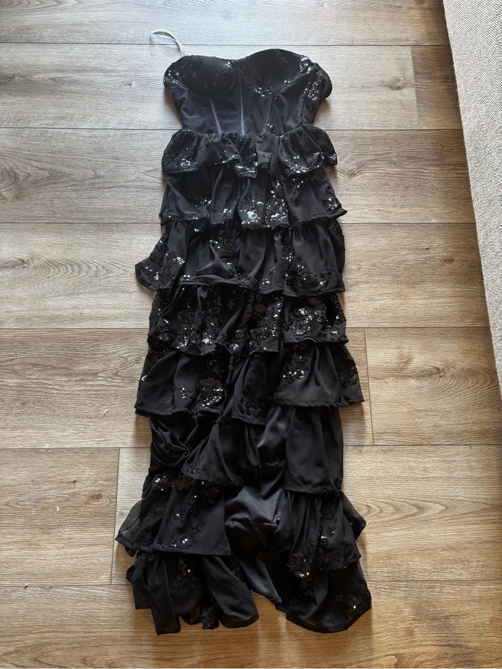 Girls' Black Strapless Ruffle Sequin Dress